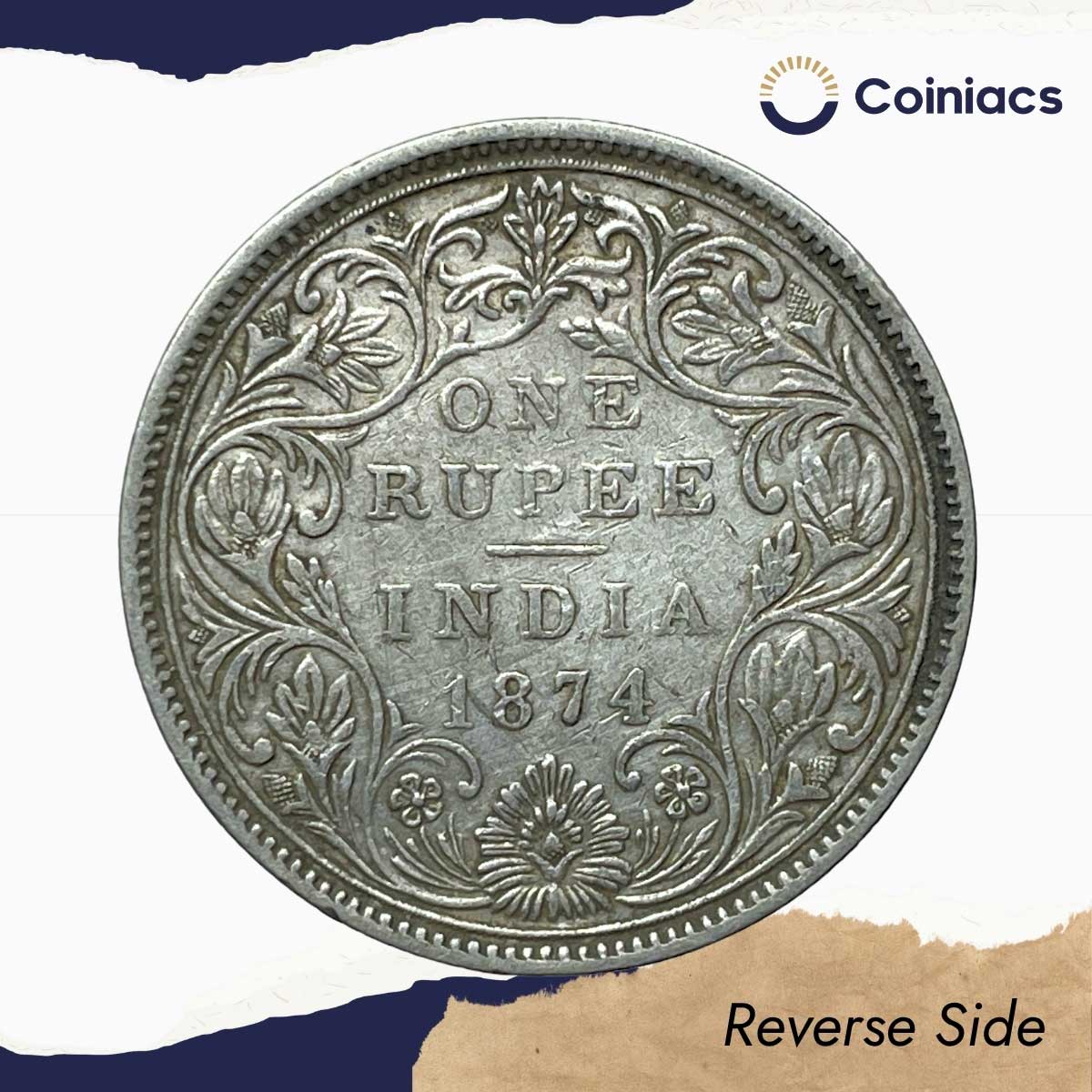 One Rupee Victoria Queen 1874 (No dot) Bombay Mint Silver Coin, British India Uniform Coinage, Collectable. - Image 3
