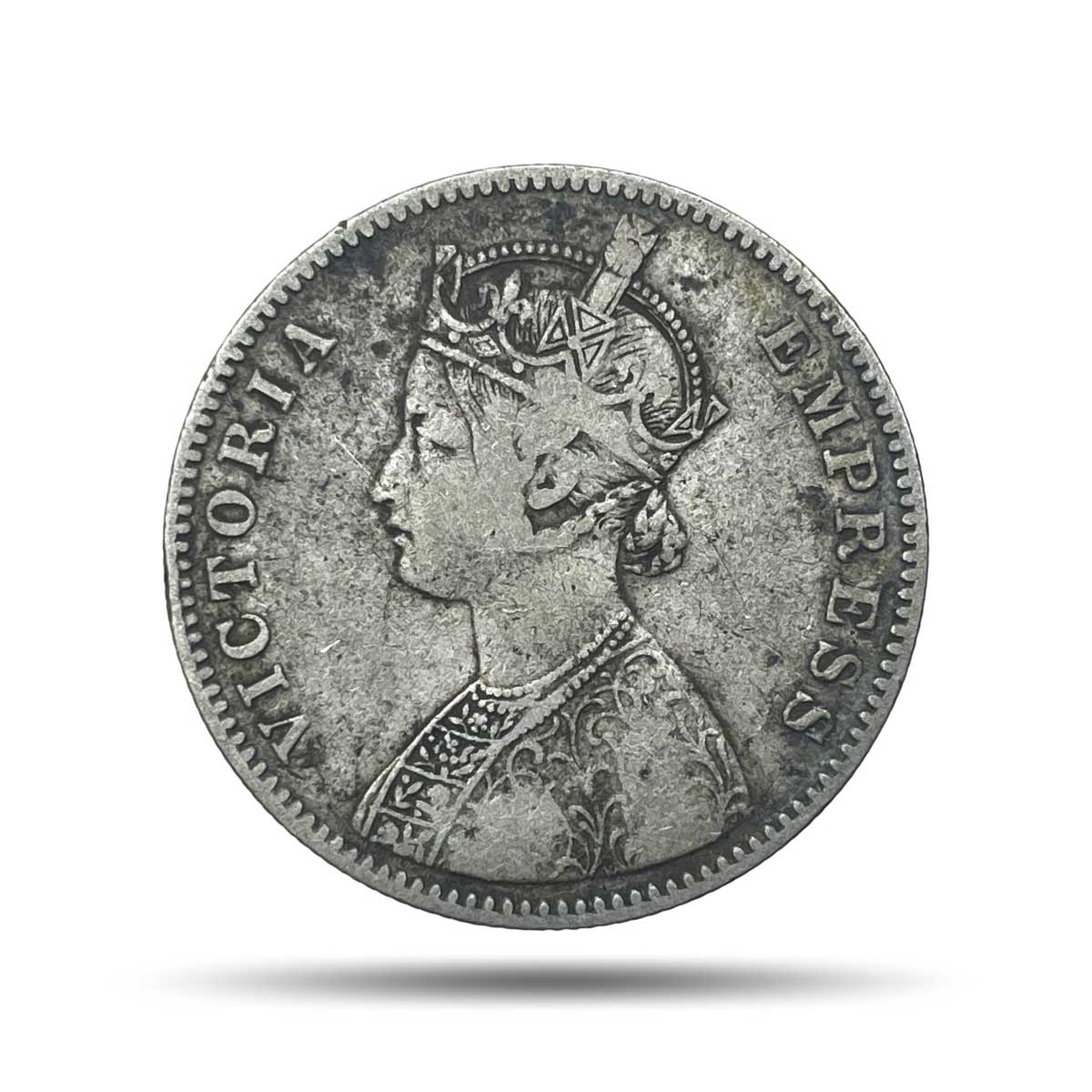 One Rupee Victoria Empress 1885 Bombay Mint 'B' Raised Silver Coin, British India Uniform Coinage, Collectible.