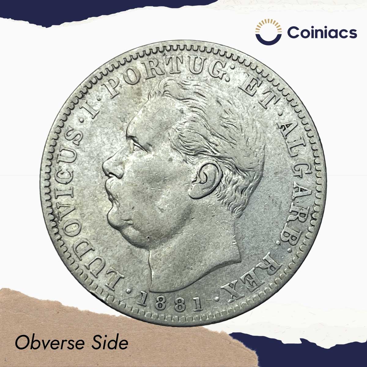 Uma Rupia (1 Rupia) Luiz I 1881 CE Silver coin, Portuguese India (India Portugueza), Collectible. - Image 2