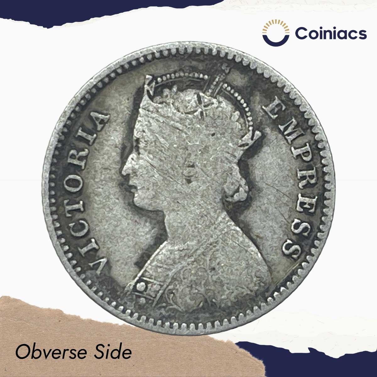 1/4 Rupee Victoria Empress 1877 Silver Coin, British India Uniform Coinage, Collectable. - Image 2