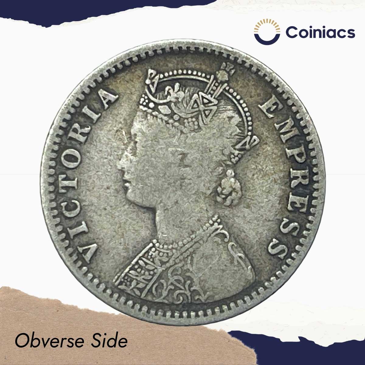 1/4 Rupee Victoria Empress 1890 B Incused Bombay Mint Silver Coin, British India Uniform Coinage, Collectable. - Image 2