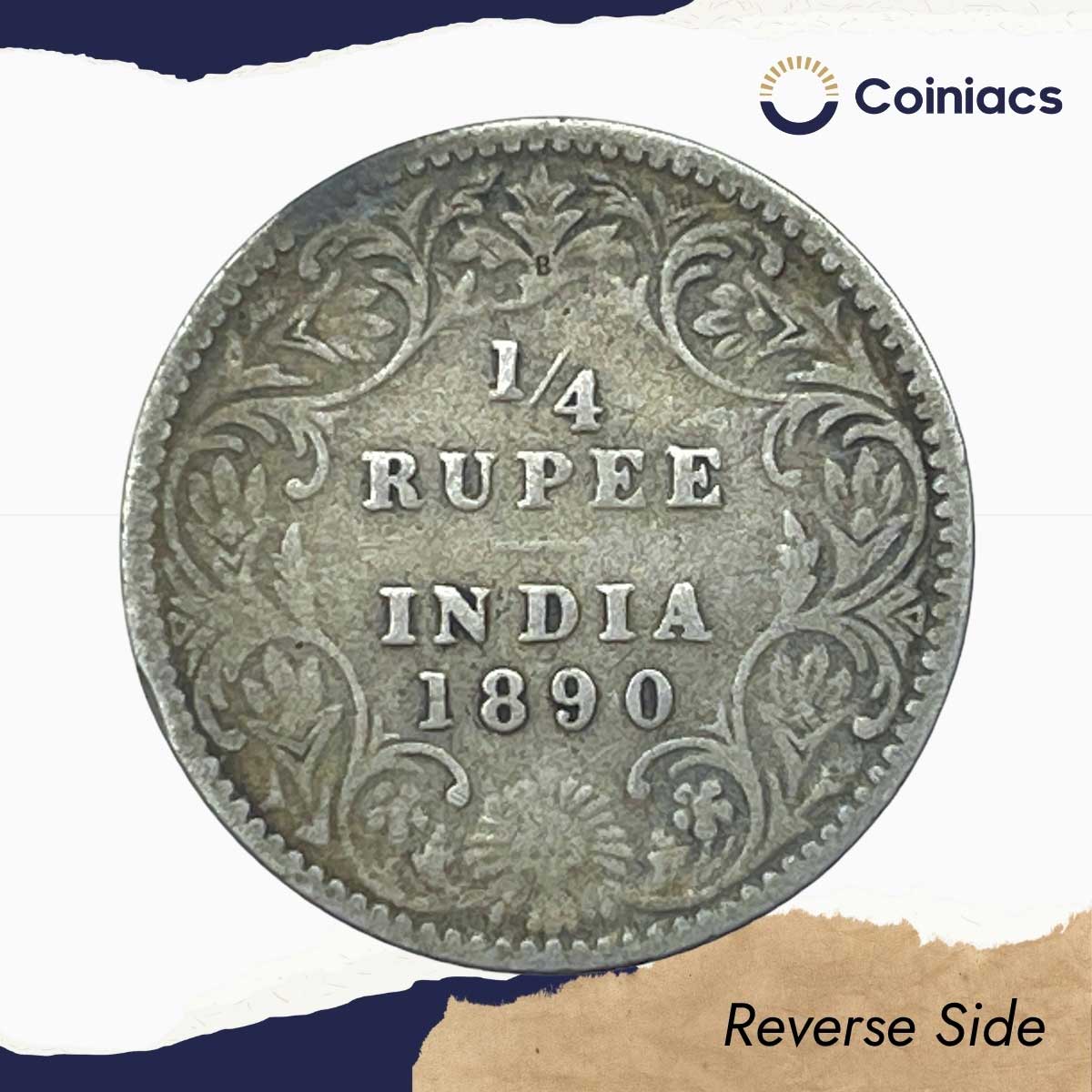 1/4 Rupee Victoria Empress 1890 B Incused Bombay Mint Silver Coin, British India Uniform Coinage, Collectable. - Image 3