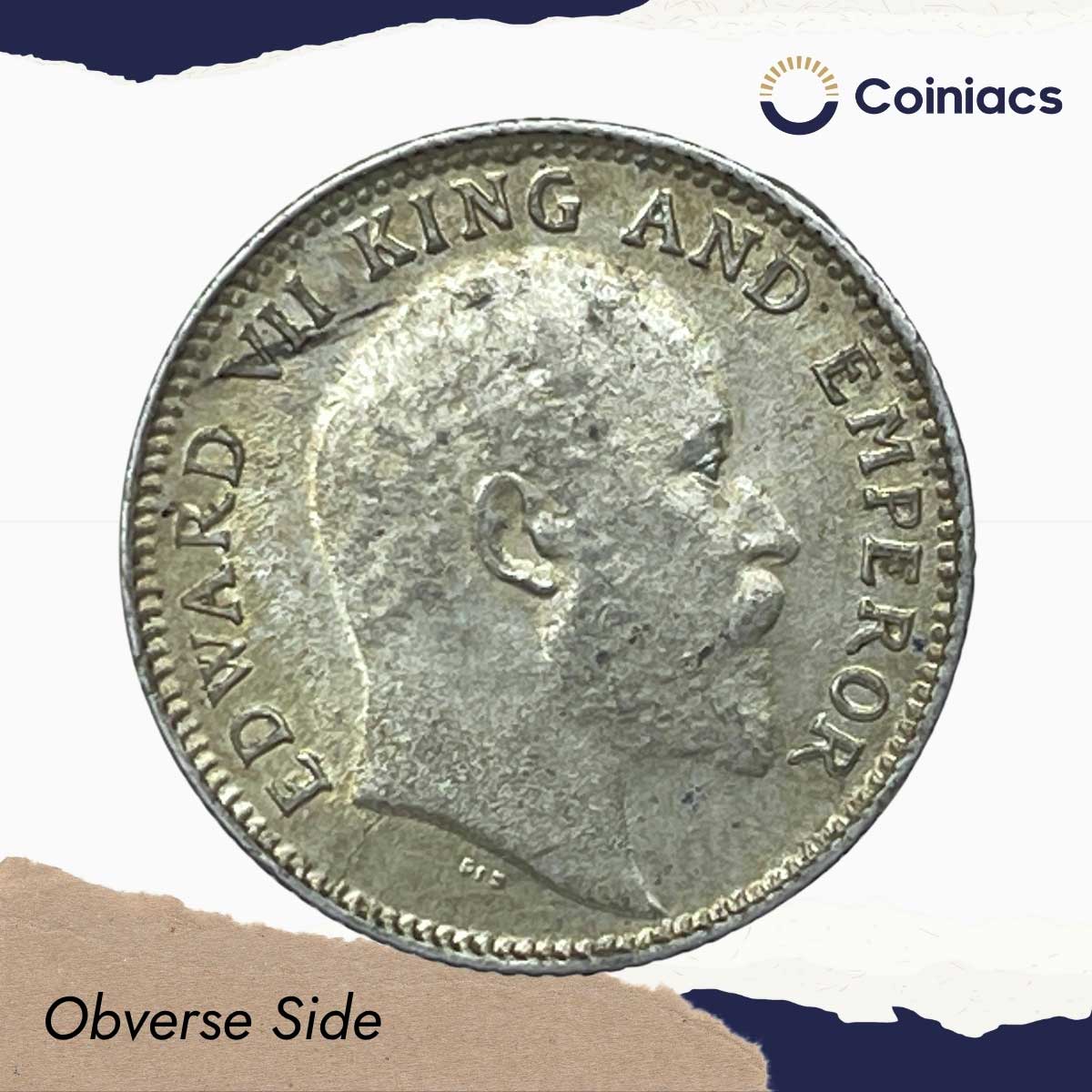 1/4 Rupee Edward VII King And Emperor 1907 Calcutta Mint Silver Coin, British India Uniform Coinage, UNC. - Image 2