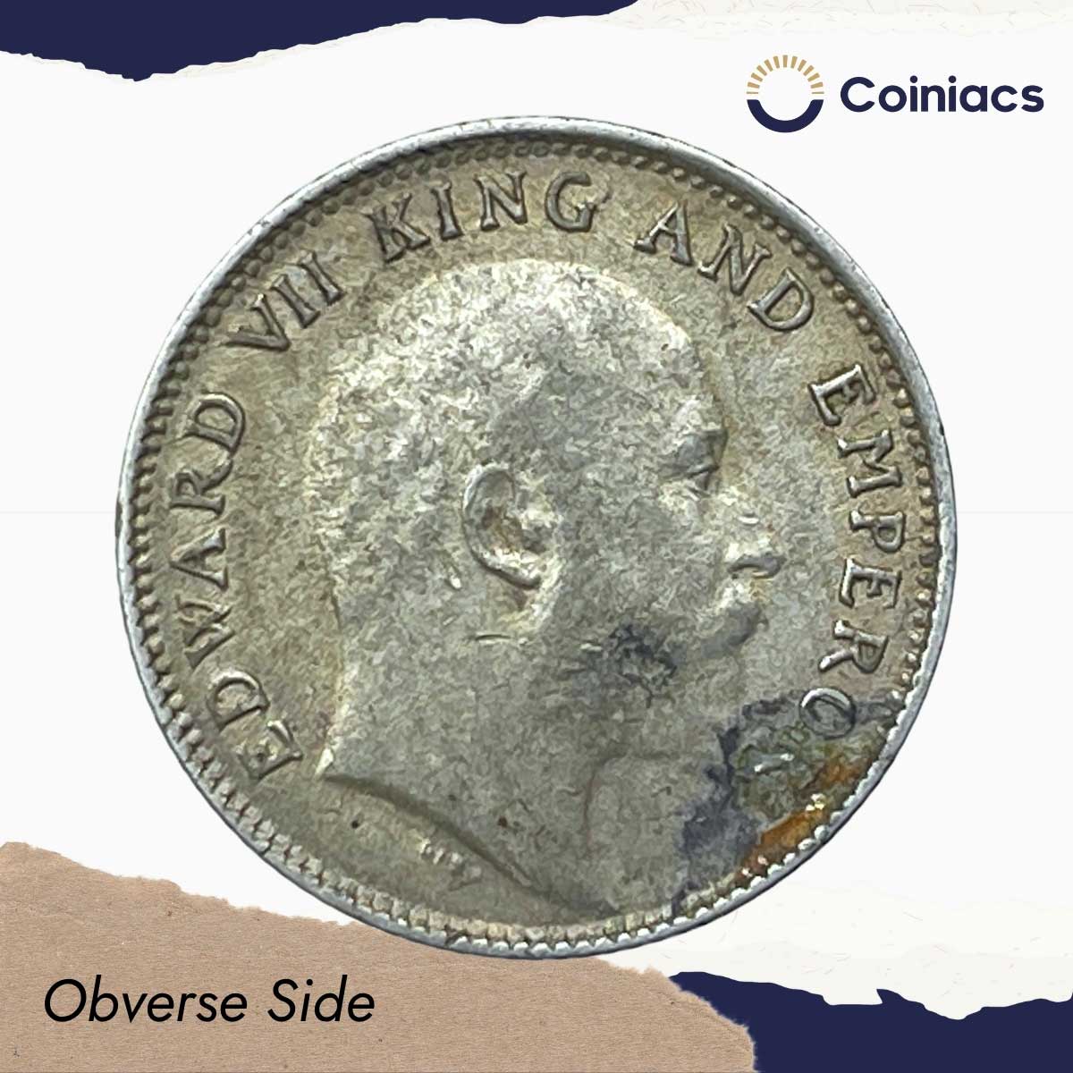 1/4 Rupee Edward VII King And Emperor 1904 Calcutta Mint Silver Coin, British India Uniform Coinage, Collectible. - Image 2