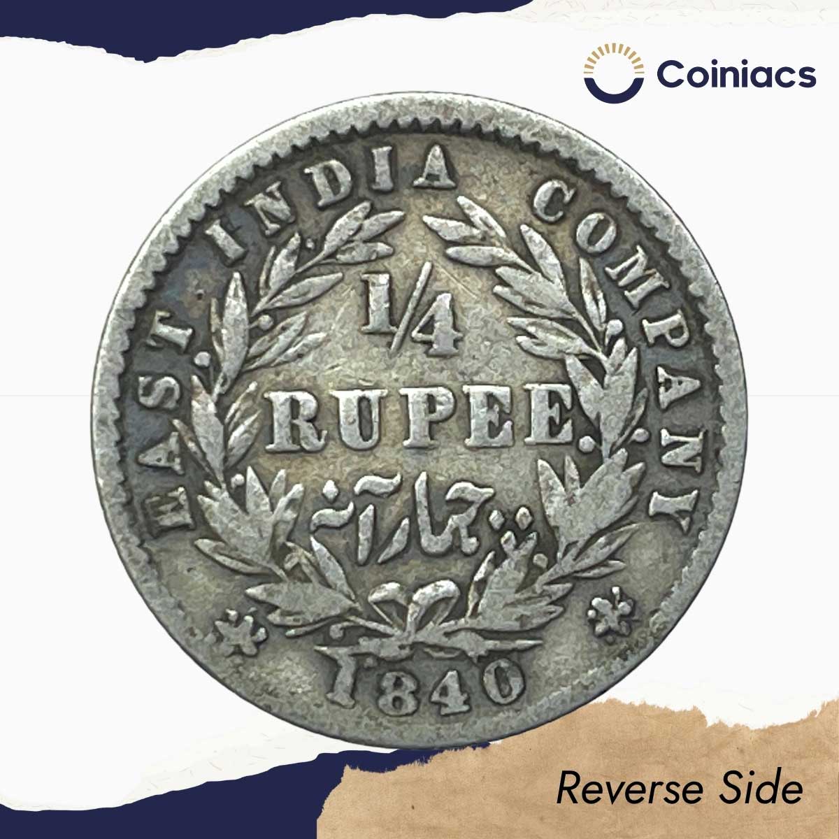 Scarce 1/4 Rupee Victoria Queen Divided Legend 1840 CE Silver coin, British India Uniform Coinage, Collectible. - Image 3