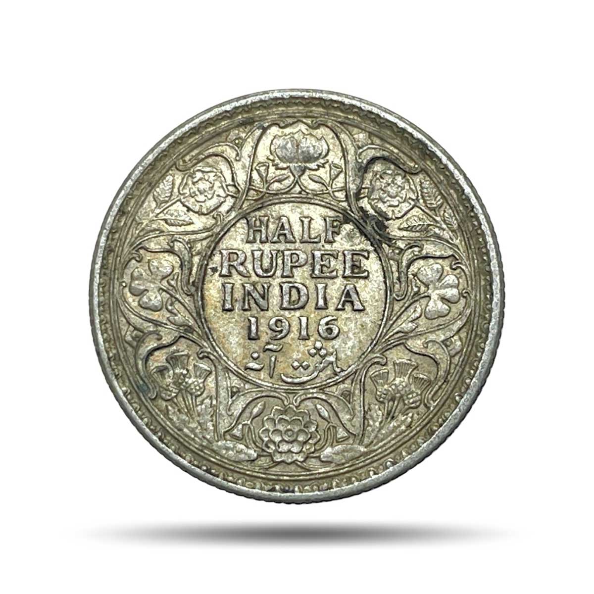 Half Rupee George V King Emperor 1916 Calcutta Mint Silver Coin, British India Uniform Coinage, Collectible.