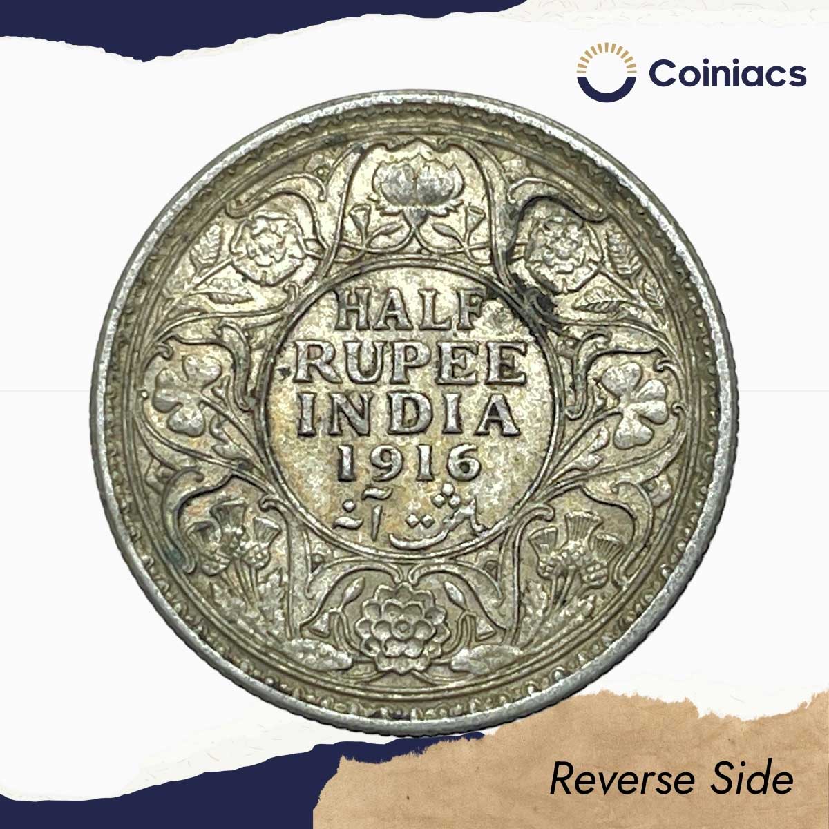 Half Rupee George V King Emperor 1916 Calcutta Mint Silver Coin, British India Uniform Coinage, Collectible. - Image 3