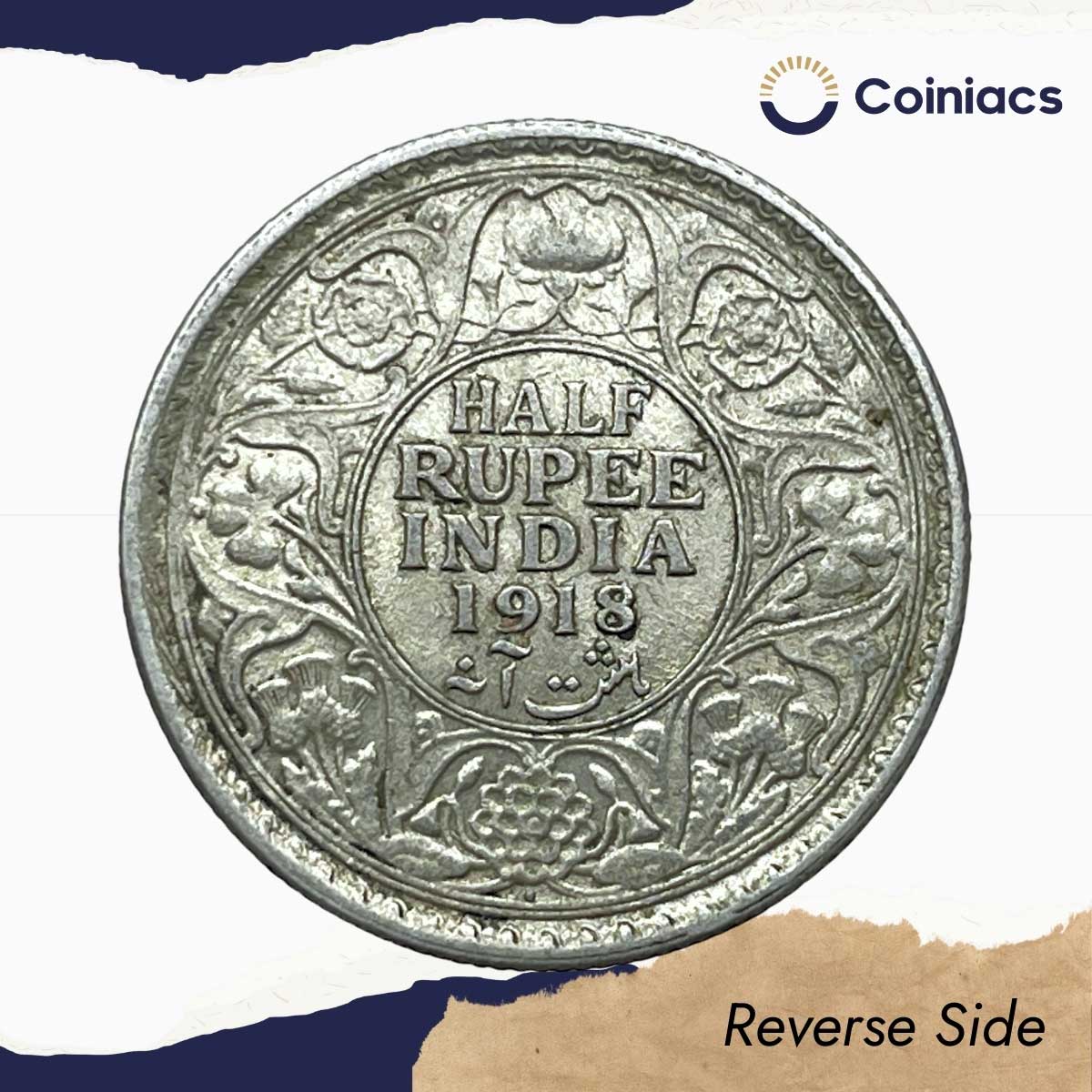 Half Rupee George V King Emperor 1918 Bombay Mint Silver Coin, British India Uniform Coinage, Collectible. - Image 3