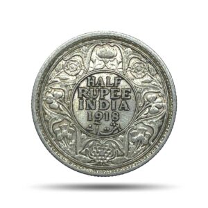 Half Rupee George V King Emperor 1918 Bombay Mint Silver Coin, British India Uniform Coinage, Collectible.