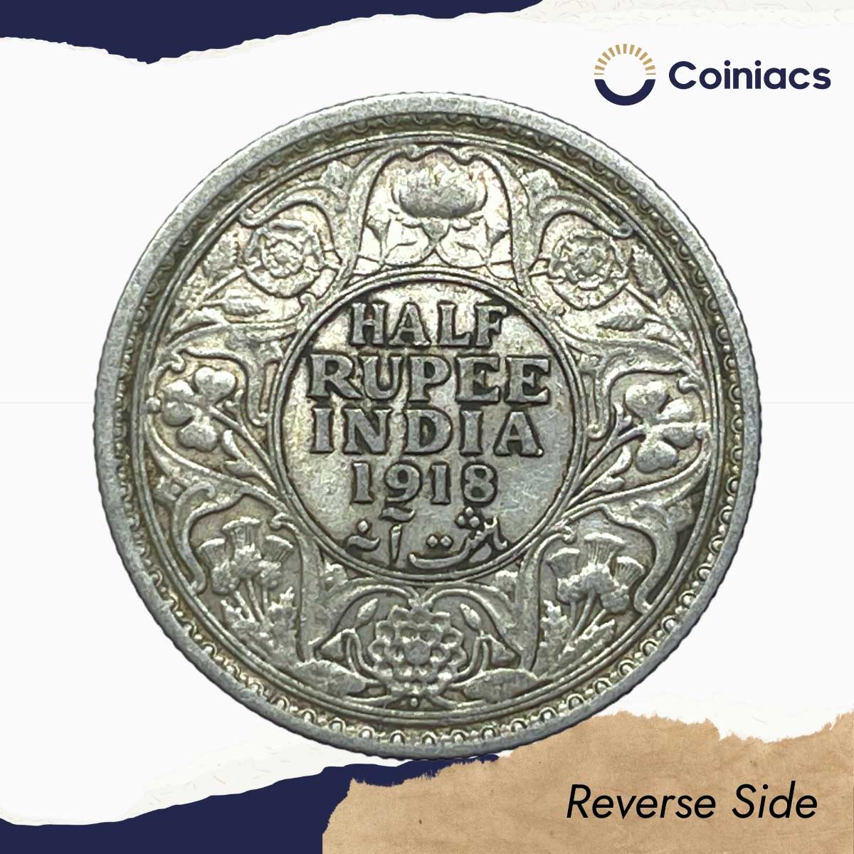 Half Rupee George V King Emperor 1918 Bombay Mint Silver Coin, British India Uniform Coinage, Collectible. - Image 3