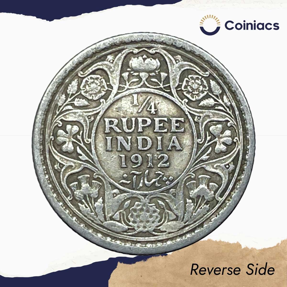 Scarce 1/4 Rupee George V King Emperor 1912 Calcutta Mint Silver Coin, British India Uniform Coinage, Collectible. - Image 3