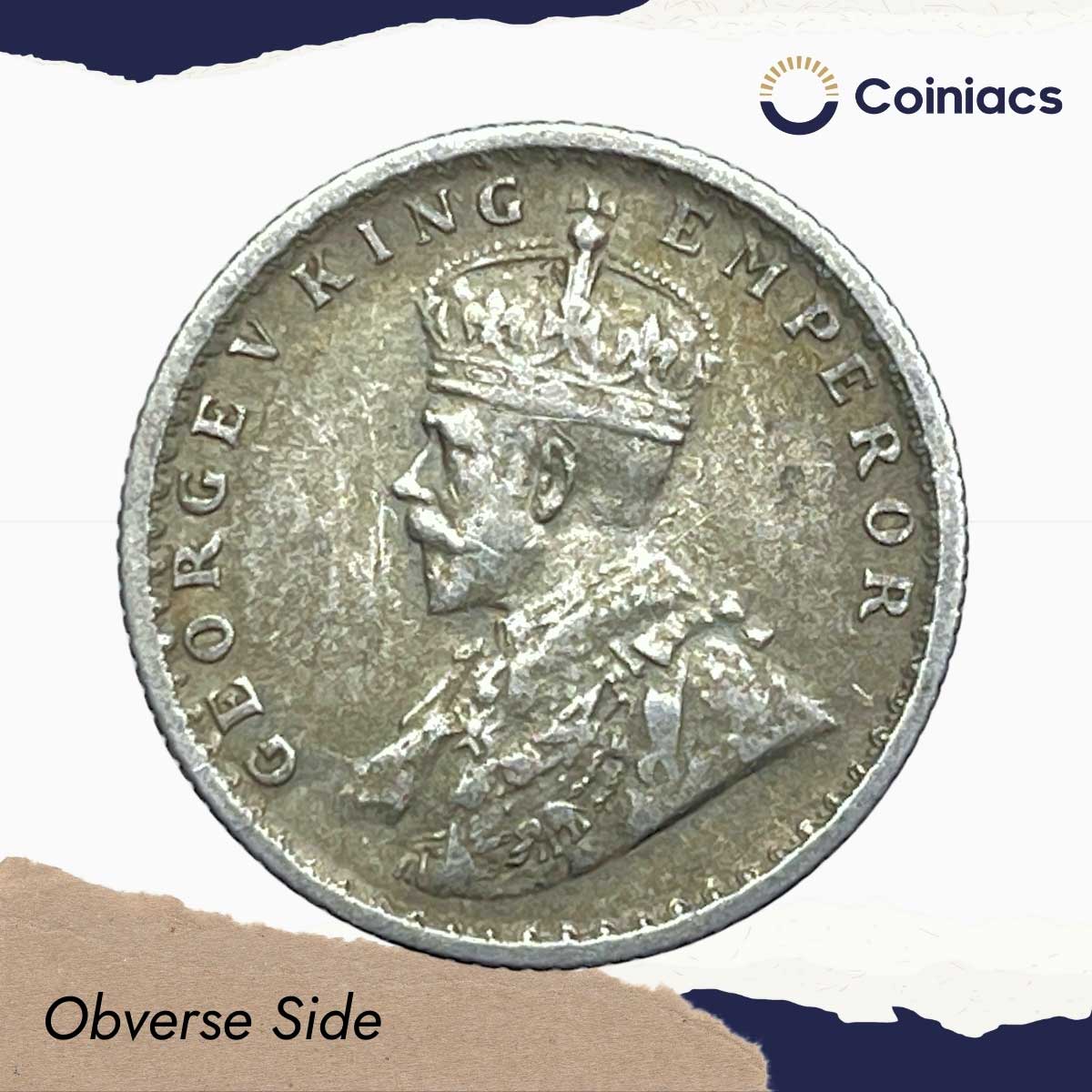 Scarce 1/4 Rupee George V King Emperor 1913 Calcutta Mint Silver Coin, British India Uniform Coinage, Collectible. - Image 2