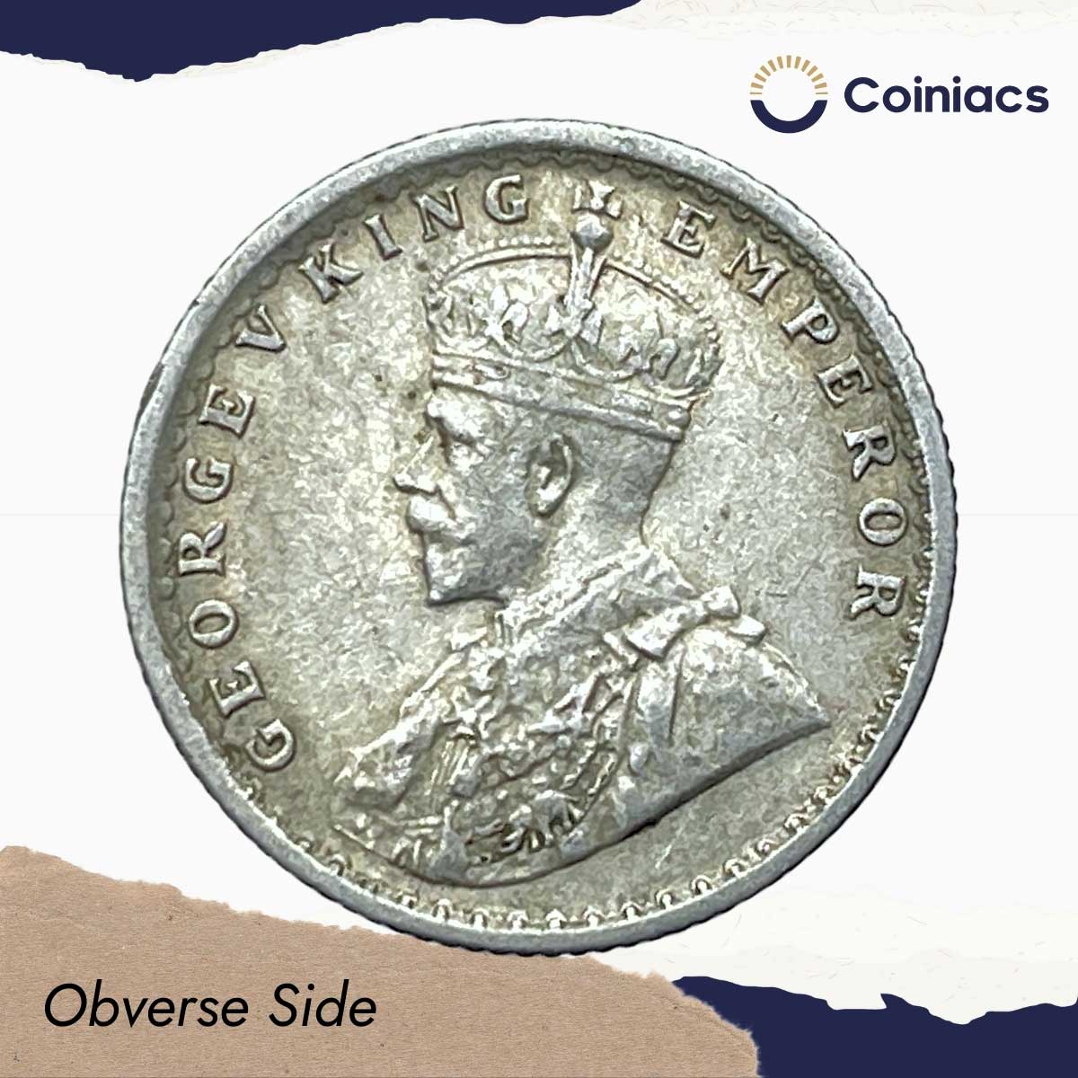 Scarce 1/4 Rupee George V King Emperor 1916 Calcutta Mint Silver Coin, British India Uniform Coinage, Collectible. - Image 2