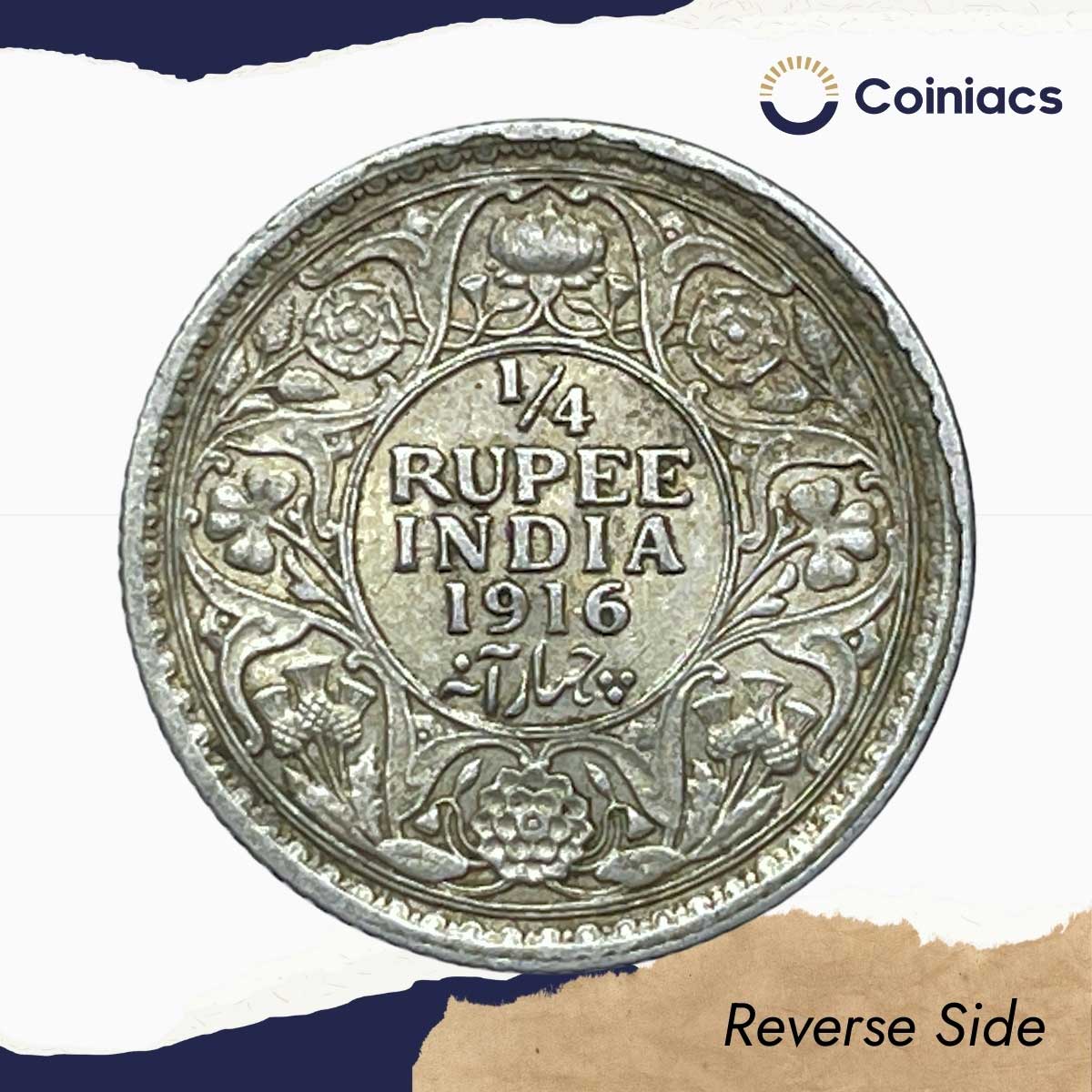 Scarce 1/4 Rupee George V King Emperor 1916 Calcutta Mint Silver Coin, British India Uniform Coinage, Collectible. - Image 3