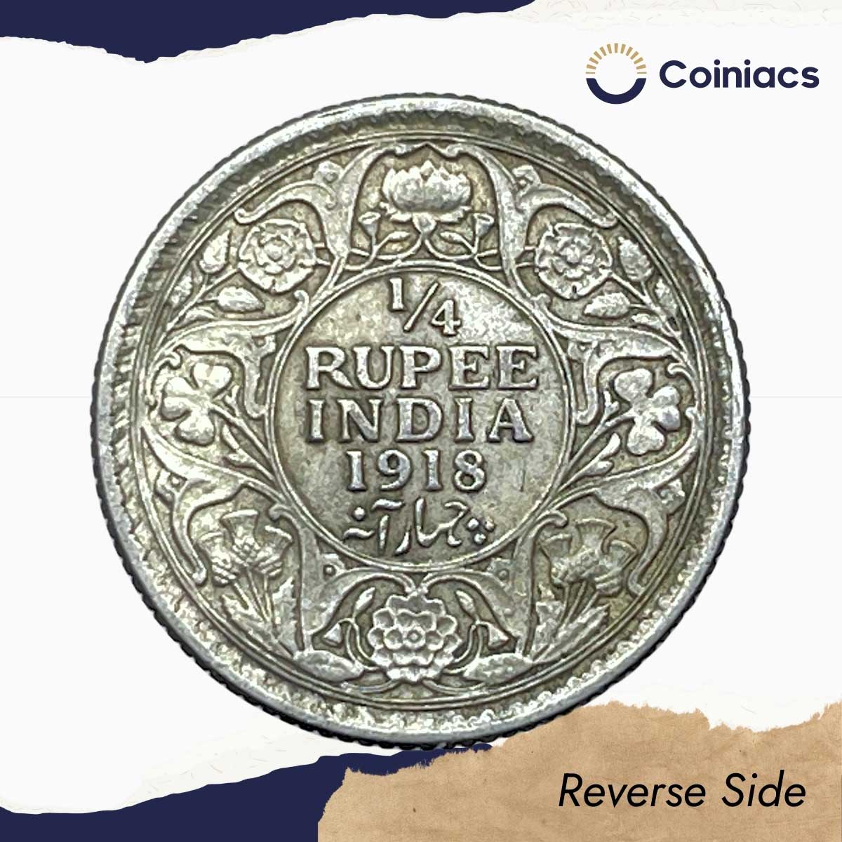 Scarce 1/4 Rupee George V King Emperor 1918 Calcutta Mint Silver Coin, British India Uniform Coinage, Collectible. - Image 3