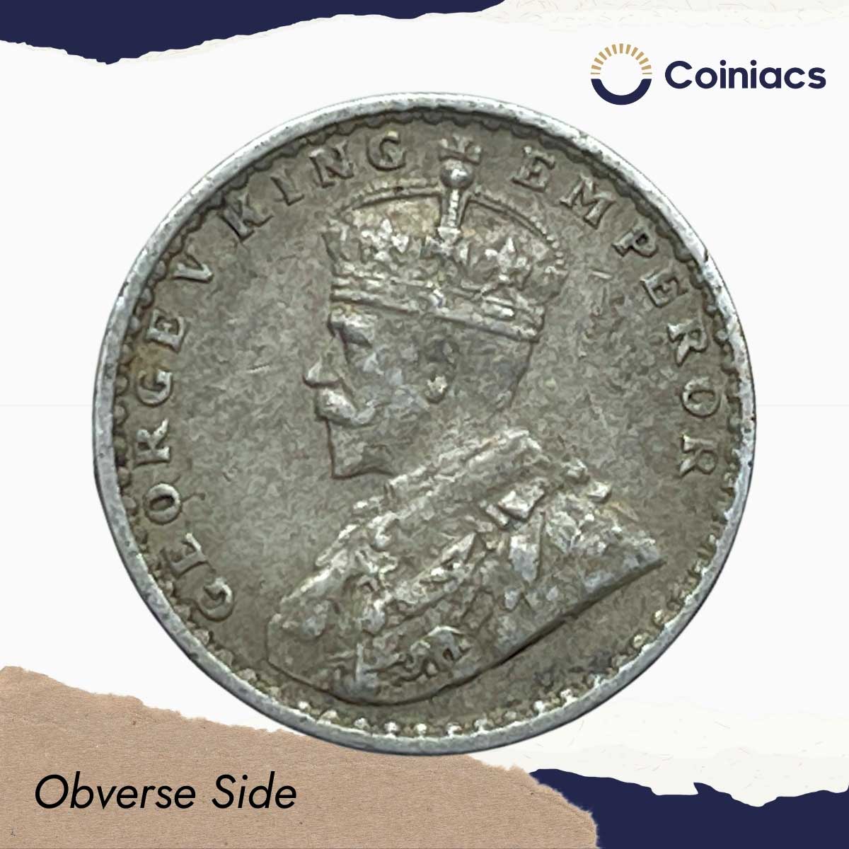 Two Annas George V King Emperor 1912 Calcutta Mint Silver Coin, British India Uniform Coinage, Collectible. - Image 2