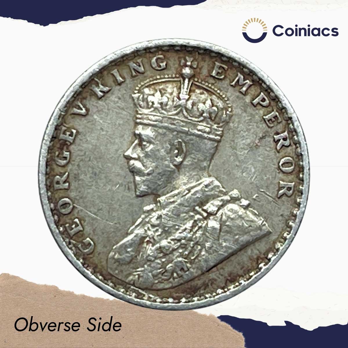 Two Annas George V King Emperor 1912 Calcutta Mint Silver Coin, British India Uniform Coinage, Collectible. - Image 2