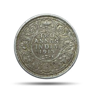 Two Annas George V King Emperor 1913 Calcutta Mint Silver Coin, British India Uniform Coinage, Collectible.