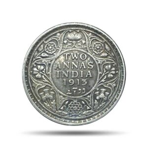 Two Annas George V King Emperor 1913 Calcutta Mint Silver Coin, British India Uniform Coinage, Collectible.