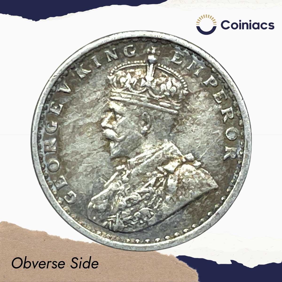 Two Annas George V King Emperor 1913 Calcutta Mint Silver Coin, British India Uniform Coinage, Collectible. - Image 2