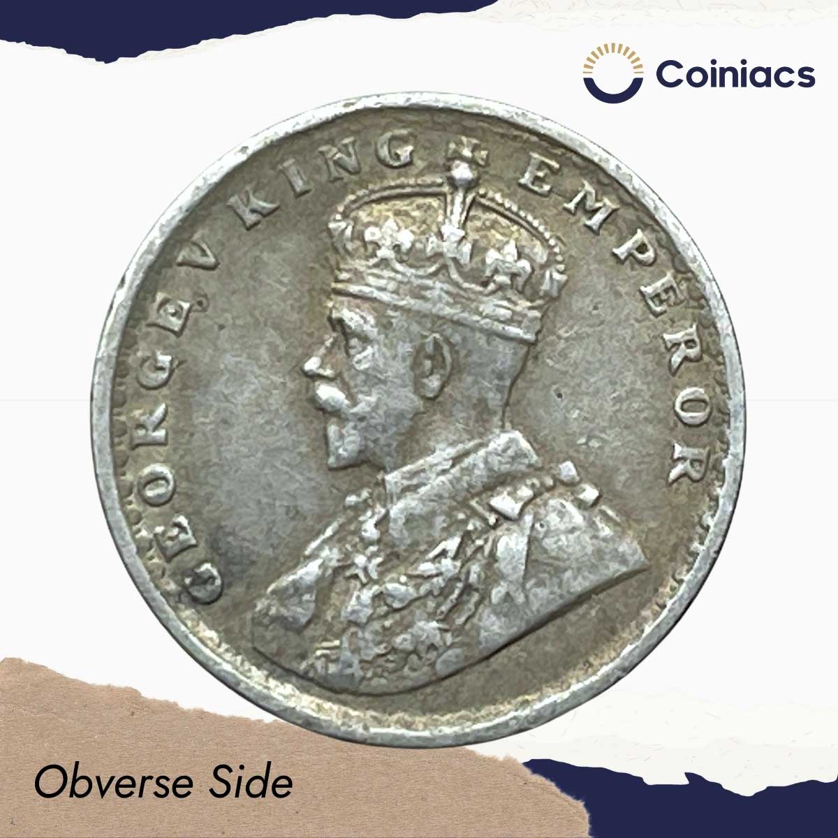 Two Annas George V King Emperor 1914 Calcutta Mint Silver Coin, British India Uniform Coinage, Collectible. - Image 2