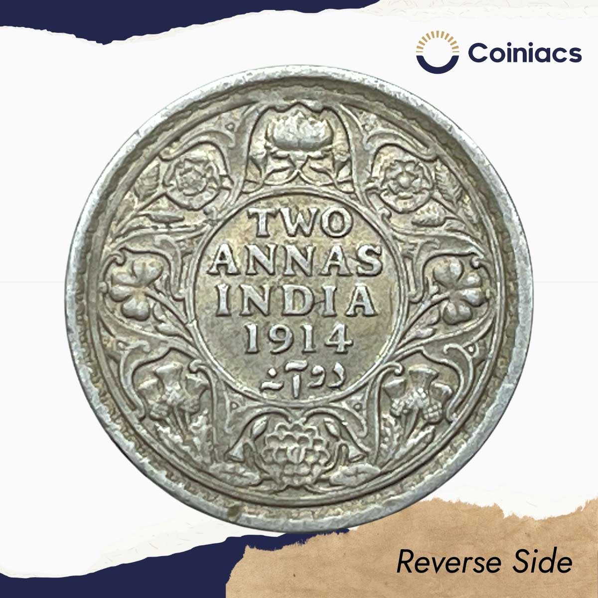 Two Annas George V King Emperor 1914 Calcutta Mint Silver Coin, British India Uniform Coinage, Collectible. - Image 3