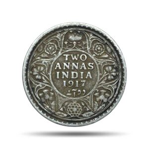 Two Annas George V King Emperor 1917 Calcutta Mint Silver Coin, British India Uniform Coinage, Collectible.