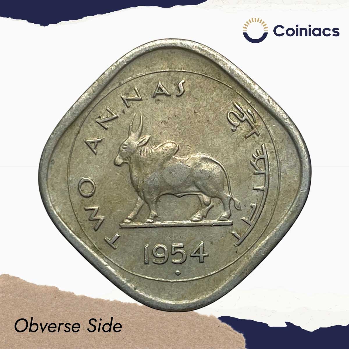 Scarce Two Annas (Bull Anna) 1954 Bombay Mint Copper Nickel Coin, Republic India Anna Series, XF+. - Image 3