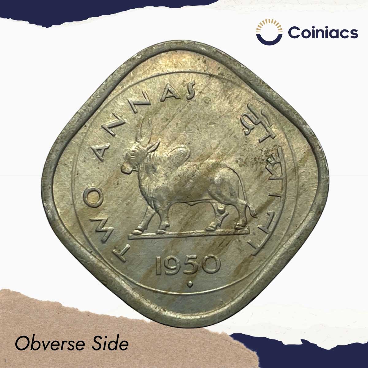 Scarce Two Annas (Bull Anna) 1950 Bombay Mint Copper Nickel Coin, Republic India Anna Series, AU. - Image 2