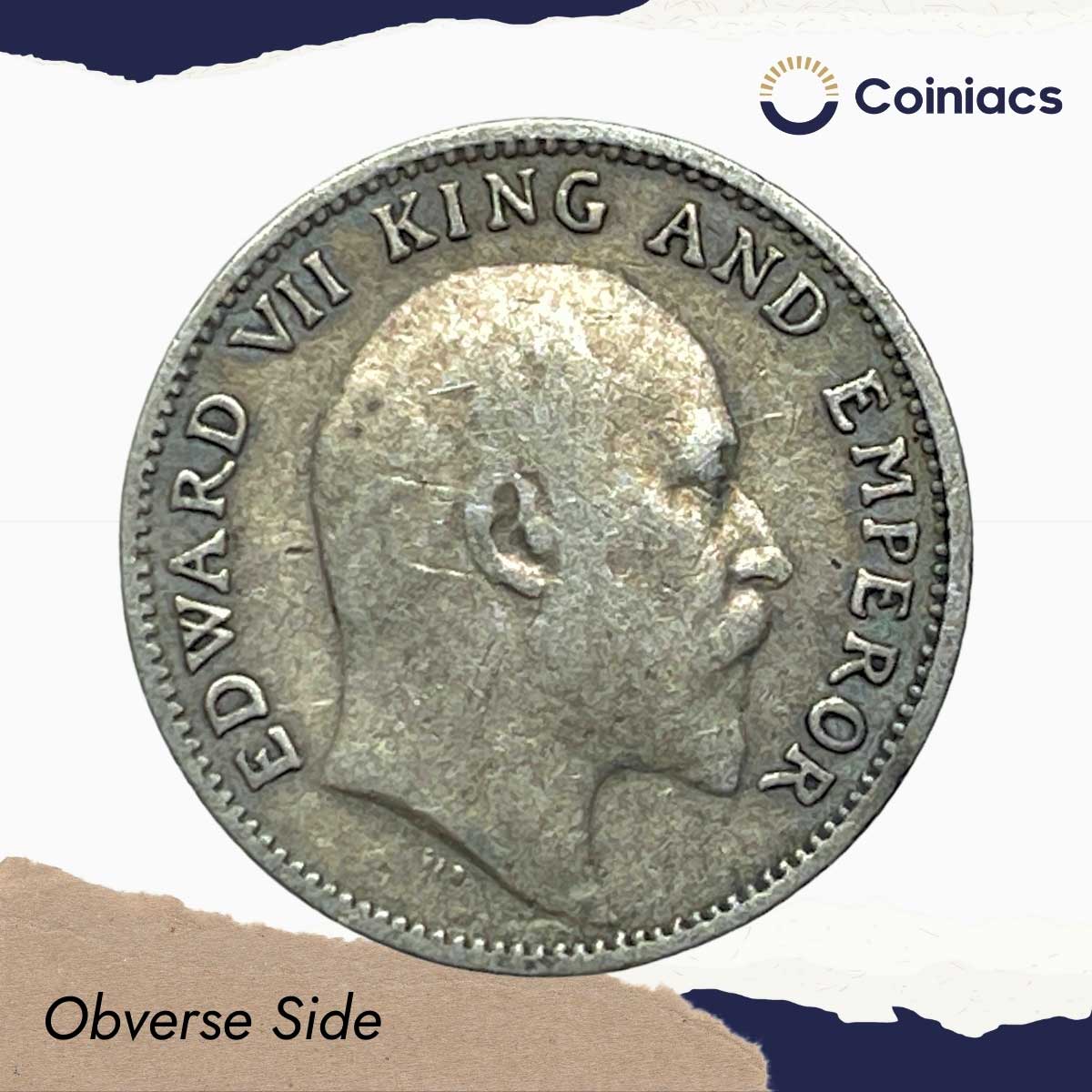 1/4 Rupee Edward VII King And Emperor 1904 Calcutta Mint Silver Coin, British India Uniform Coinage, Collectible. - Image 2