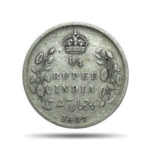 1/4 Rupee Edward VII King And Emperor 1907 Calcutta Mint Silver Coin, British India Uniform Coinage, Collectible.