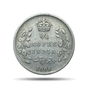 1/4 Rupee Edward VII King And Emperor 1908 Calcutta Mint Silver Coin, British India Uniform Coinage, Collectible.