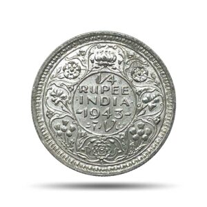 Quarter Rupee George VI King Emperor 1943 Lahore Mint (Head II, Rev II) Silver Coin, British India Uniform Coinage, UNC.