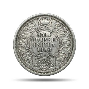 Scarce Half Rupee George V King Emperor 1930 (Key Date) Calcutta Mint Silver Coin, British India Uniform Coinage, Collectible.