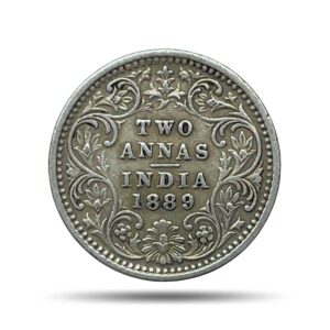 Two Annas Victoria Empress 1889 Bombay Mint 'B' Incused (Obv B, Rev II) Silver Coin, British India Uniform Coinage, Collectable.