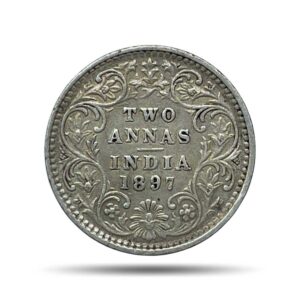 Two Annas Victoria Empress 1897 Bombay Mint 'B' Incused (Obv B, Rev II) Silver Coin, British India Uniform Coinage, Collectable.
