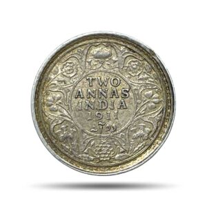 Rare Two Annas George V King Emperor 1911 (Key Date) (Pig Elephant) Silver Coin, British India Uniform Coinage, AU.