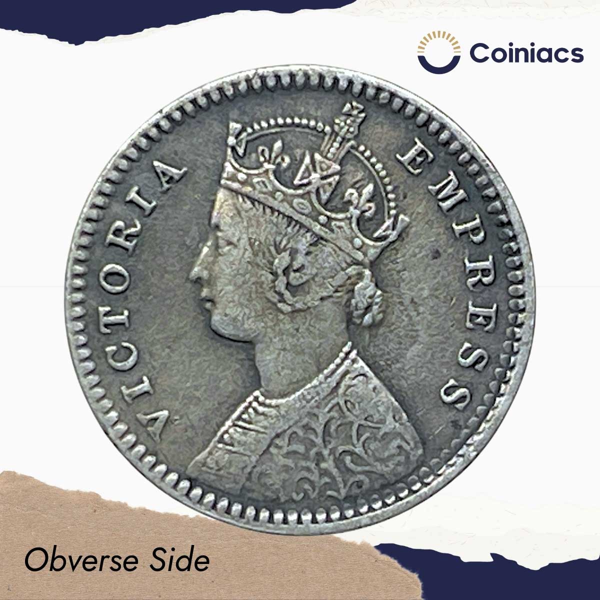 Two Annas Victoria Empress 1895 Silver Coin, British India Uniform Coinage, Collectable. - Image 2