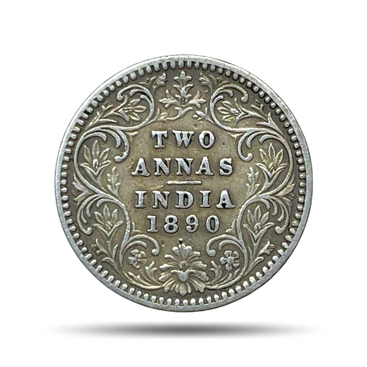 Two Annas Victoria Empress 1890 Bombay Mint 'B' Incuse Silver Coin, British India Uniform Coinage, Collectable.