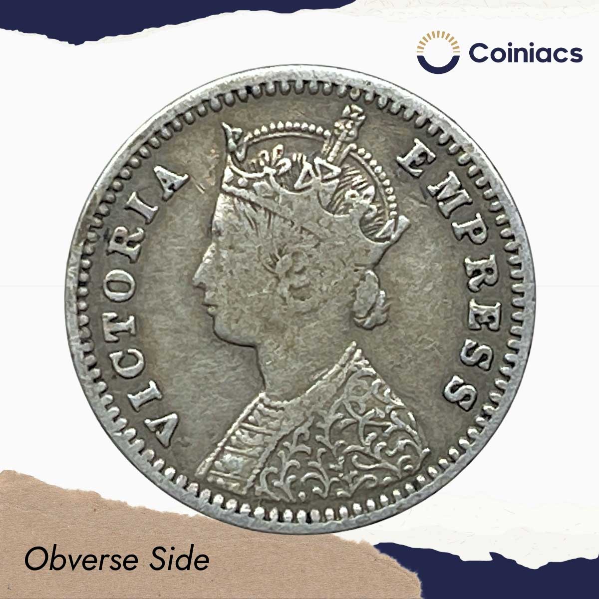 Two Annas Victoria Empress 1890 Bombay Mint 'B' Incuse Silver Coin, British India Uniform Coinage, Collectable. - Image 2