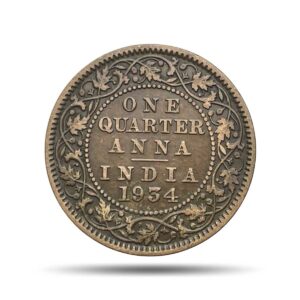 Quarter Anna George V King Emperor 1934 Calcutta Mint Bronze Coin, British India Uniform Coinage, Collectible.