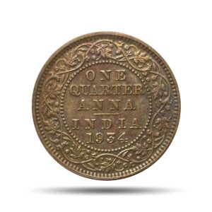 Quarter Anna George V King Emperor 1934 Calcutta Mint Bronze Coin, British India Uniform Coinage, XF+.