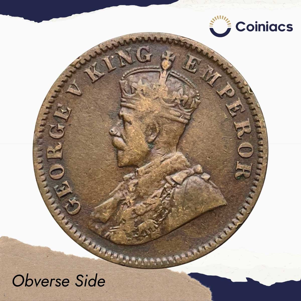Quarter Anna George V King Emperor 1913 Calcutta Mint Bronze Coin, British India Uniform Coinage, Collectible. - Image 2