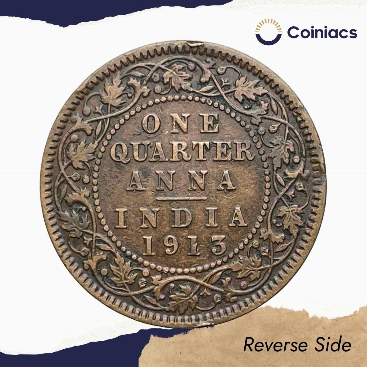 Quarter Anna George V King Emperor 1913 Calcutta Mint Bronze Coin, British India Uniform Coinage, Collectible. - Image 3