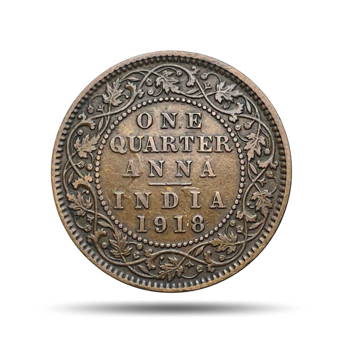 Quarter Anna George V King Emperor 1918 Calcutta Mint Bronze Coin, British India Uniform Coinage, Collectible.