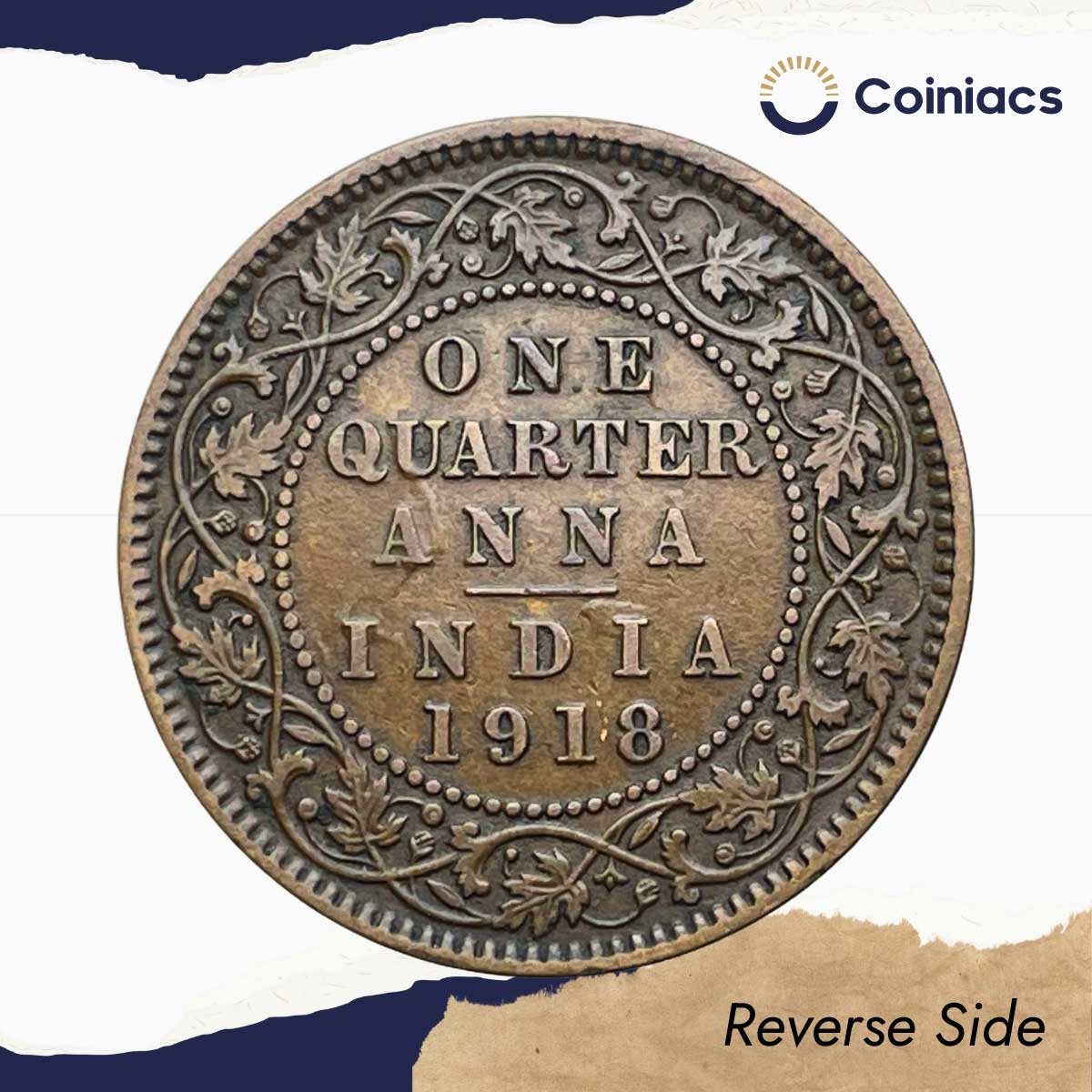 Quarter Anna George V King Emperor 1918 Calcutta Mint Bronze Coin, British India Uniform Coinage, Collectible. - Image 3