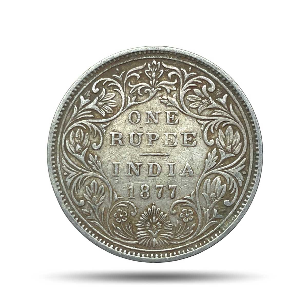 One Rupee Victoria Empress 1877 (Dot) Bombay Mint (Obv A, Rev II) Silver Coin, British India Uniform Coinage, Collectible.