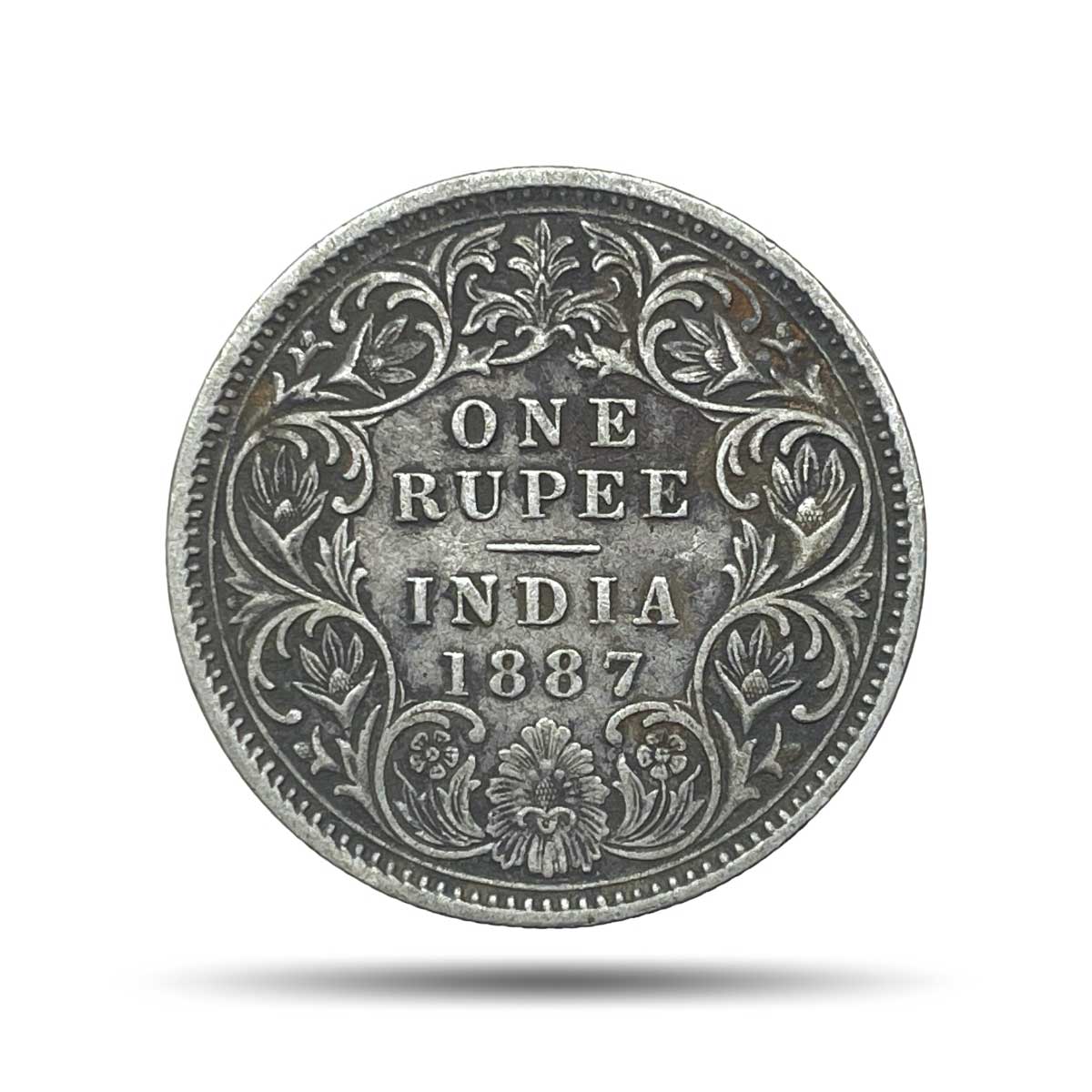 One Rupee Victoria Empress 1887 'C' Incuse Calcutta Mint Silver Coin, British India Uniform Coinage, Collectible.