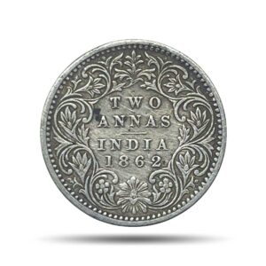 Two Annas Victoria Queen 1862 Silver Coin, British India Uniform Coinage, Collectible.