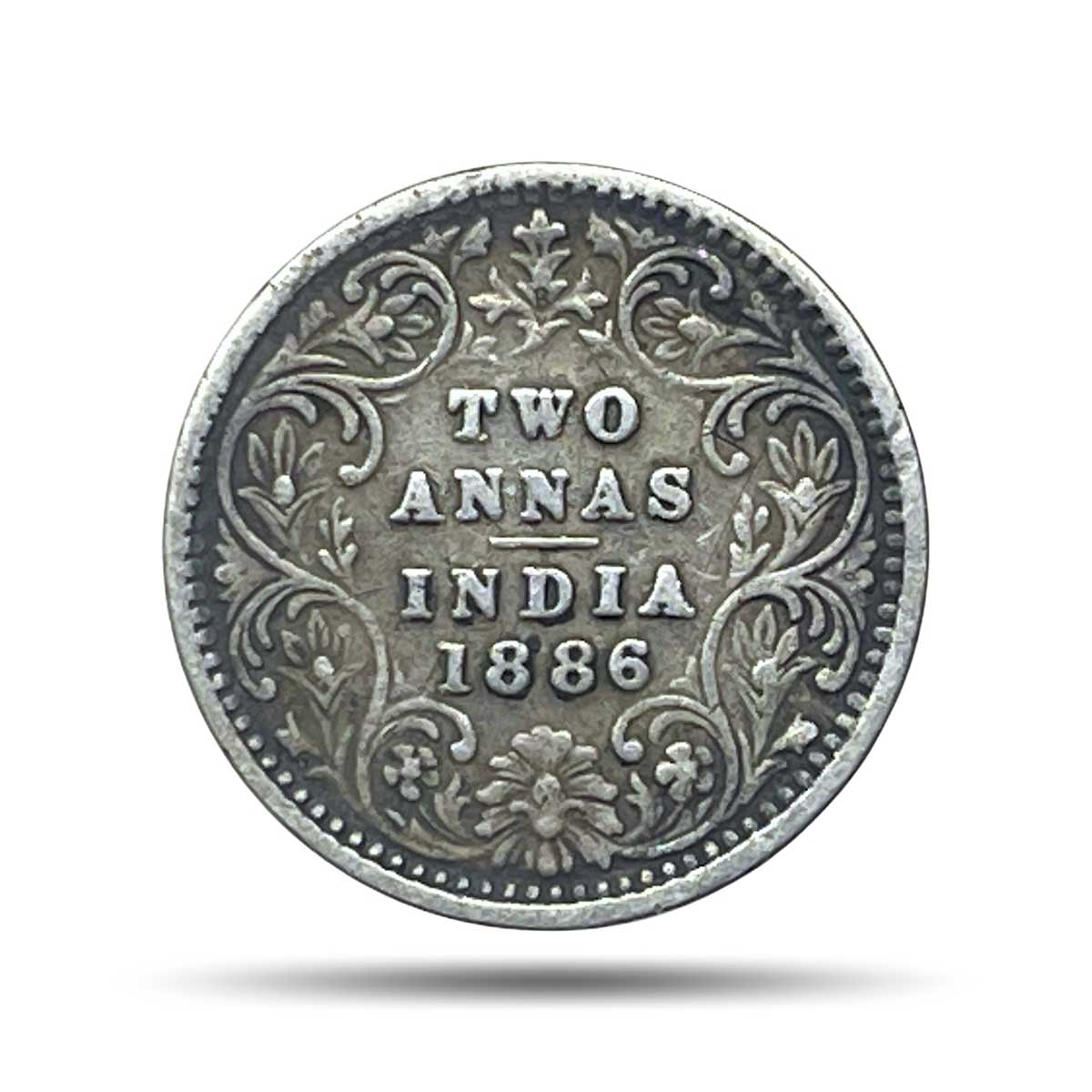 Two Annas Victoria Empress 1886 Bombay Mint 'B' Incuse (Obv B, Rev II) Silver Coin, British India Uniform Coinage, Collectable.